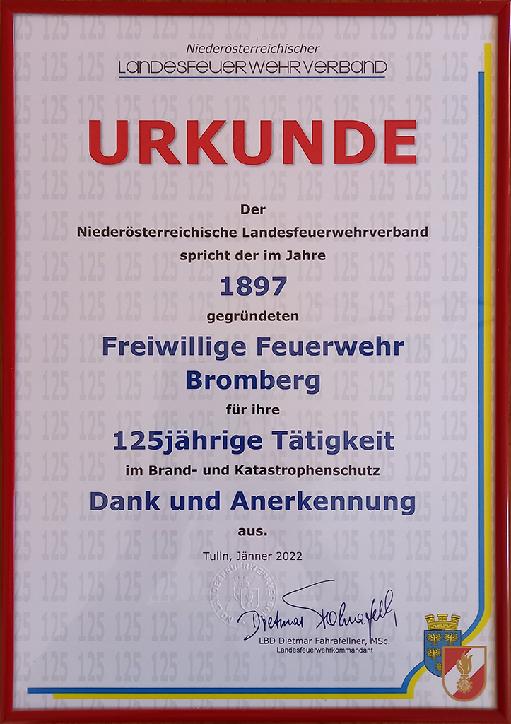 Urkunde 125 Jahre FF Bromberg