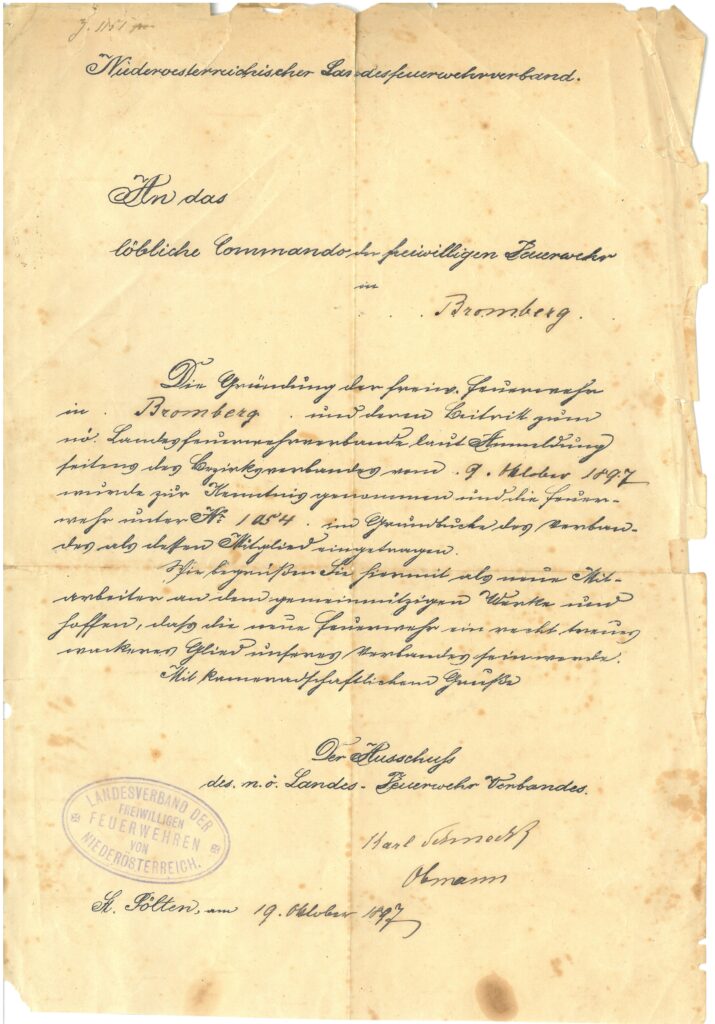 Schreiben des NÖ Landesfeuerwehrverbandes vom 19.10.1897